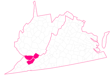 Geographical boundary of the Pocahontas Coalfield (in pink) comprising Tazewell County Virginia, McDowell County West Virginia and Mercer County West Virginia