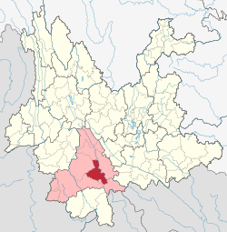 Location of Ning'er County (red) and Pu'er City (pink) within Yunnan