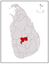 Area map of Kandy District, at the centre of the country with its south western boundary extending to the south, in the Central Province of Sri Lanka