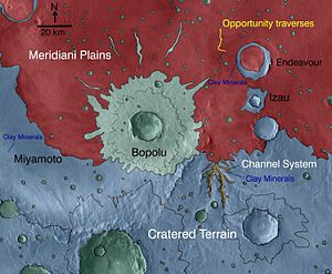 Color-coded for minerals and annotated, Iazu crater is south of Endeavour crater