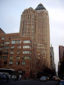 Looking east across 9th Avenue and 49th Street, foreground; 1 & 2 Worldwide Plaza in background