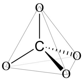 Diagram of carbon tetrahedrally bonded to oxygen