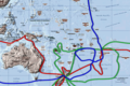 The south-Pacific routes of Captain James Cook's voyages. The first voyage is shown in red, second voyage in green, third voyage in blue.