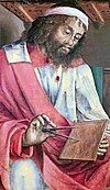 Portrait of Euclid of Megara holding dividers by Justus of Ghent