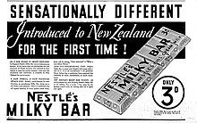 An advertisement for Milky Bar. A drawing of a bar is next to text describing it being introduced to New Zealand, with some body text describing its introduction to the UK as popular and its healthiness