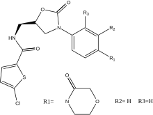 During the SAR testing, R1 was defined as the most important group for potency. Pyrrolidinone was the first R1 functional group to significantly increase the potency but further researches revealed even higher potency with a morpholinone group instead. Groups R2 and R3 had hydrogen or fluorine attached and it was quickly assessed that having hydrogen resulted in highest potency