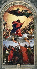 The Assumption, by Titian (1516–18). The figures of God, the Virgin Mary and two apostles are highlighted by their vermilion red costumes.