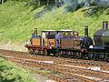 Stepney and Fenchurch on the Bluebell Railway (August 2007) showing the difference in size compared to the larger GWR Dukedog engine just visible to the right, as well as the different styled smokebox on Fenchurch which is closer to the original styling.