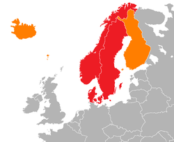 Scandinavia today; Sweden, Norway and Denmark in red. Iceland and Finland, two possible inclusions, in orange.