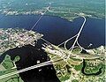 Aerial photograph of the confluence of the Trent and Neuse Rivers. East is up. The city of New Bern is on the left. The unincorporated community of James City is to the lower right. The Trent flows from the bottom center of the picture.