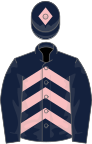 Dark blue and pink chevrons, dark blue sleeves, dark blue cap, pink diamond