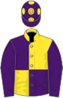 Yellow and purple (quartered), purple sleeves, purple cap, yellow spots