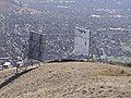 The two microwave radio reflectors directly below the summit. They were removed in late 2013.