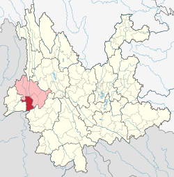 Location of Longling County (red) and Baoshan City (pink) within Yunnan