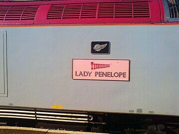 Nameplate on Virgin Trains' locomotive Lady Penelope in 2008