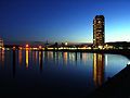 Skyline of Lübeck-Travemünde with the oldest lighthouse on the German Baltic coast and Maritim Hotel on the Travemünde promenade