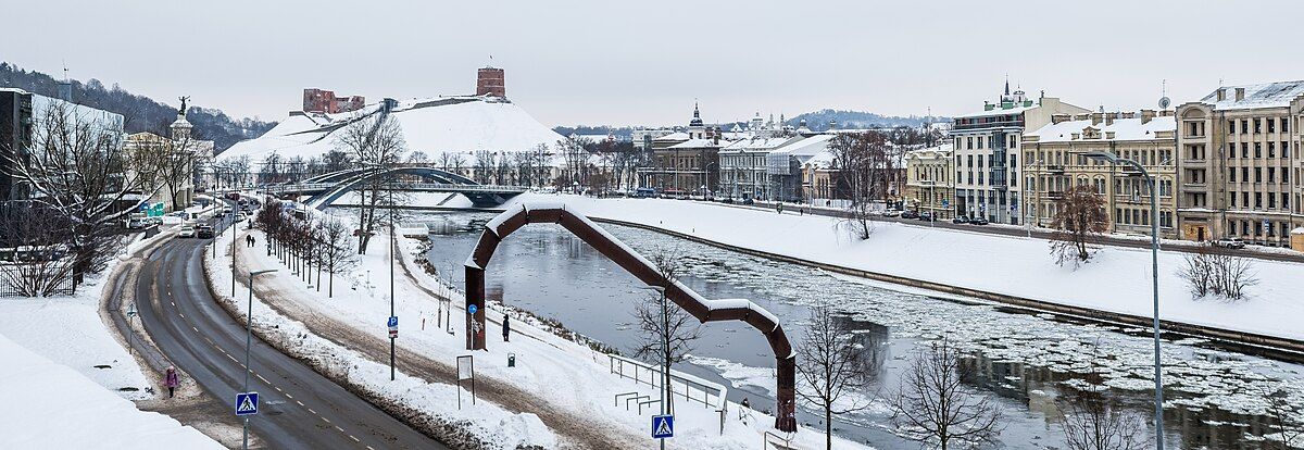 Panoramic view of the buildings on the Žygimantų Street (on the right) from the other side of Neris river.