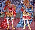 Theodore of Amasea (on the left) and Theodore Stratelates (on the right) - a fresco from Rila Monastery, Bulgaria (19th century?)