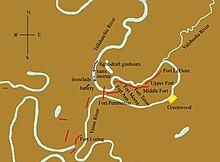 Site of the encounter near Greenwood, Mississippi. The Tallahatchie flows from the north in a tortuous path; near its lower end it is flowing almost due east, to the point where it meets the Yalobusha. The two rivers form the Yazoo, which soon turns west and flows past the Tallahatchie about three miles (5 kilometers) downstream. Fort Pemberton is set up at the point where the two rivers are closest. Other Confederate works line the right (south) bank of the Tallahatchie. The Union fleet is arrayed in the Tallahatchie upstream from Fort Pemberton, the ironclads in front about a half mile (700 meters) away.