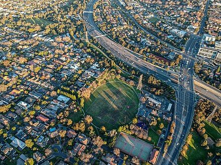 An aerial image of Howard Dawson Reserve, Swinburne FC's home ground.