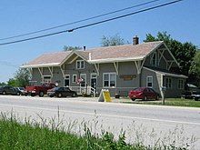 A large wooden train station building