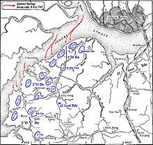 Map, depicting Japanese crossing the Johor straits to land on the Northwest side of Singapore