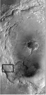 Context for next image of Bamberg crater. Box shows where the next image came from. This is a CTX image from Mars Reconnaissance Orbiter.