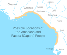 A map of possible locations of the Amacano people