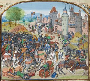 A colourful image of late-medieval knights fighting outside a walled town