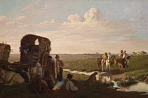 Painting depicting a wide, treeless plain with a wagon and horses resting along the sides of a small stream