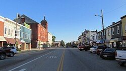 High Street; the tall structure is the Bell Opera House