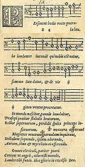 Personent hodie in the 1582 edition of Piae Cantiones, image combined from two pages of the source text.