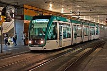 A tram leaving Cornellà Centre station towards Francesc Macià