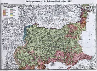 The regions of the Balkan Peninsula inhabited by ethnic Bulgarians in 1912, according to the Bulgarian point of view.