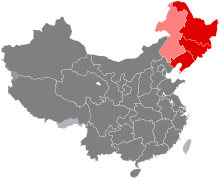 A map of China in which the provinces Liaoning, Jilin, and Heilongjiang are highlighted in red and Inner Mongolia in pink