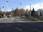 The junction between the FB and city trams; the left-hand tracks continue to the station, the tram terminus is to the right