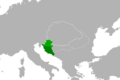 Image 14Medieval Croatia (dark green) south of Gvozd Mountain shown in relation to medieval Slavonia (green) centered around Diocese of Zagreb. (from History of Croatia)