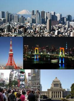 From top left: Shinjuku, Tokyo Tower, Rainbow Bridge, Shibuya, National Diet Building