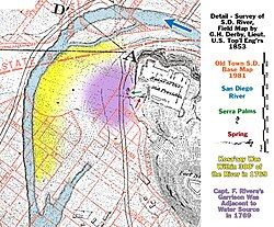 Derby's map of 1853, current Old Town San Diego map, and significant historic 1769 sites. Village of Kosa'aay located at location "A".