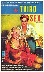 A brightly painted book cover with the title "The Third Sex", with a sultry blonde wearing a red outfit showing cleavage and midriff seated on a sofa, while a redhead with short hair places her hand on the blonde's shoulder and leans over her, also displaying cleavage wearing a white blouse with rolled-up sleeves.