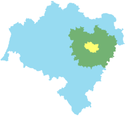 Wrocław metropolitan area in green, while city core in yellow