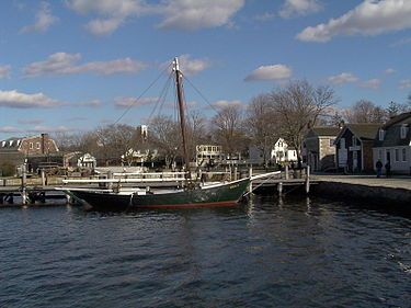 Docked wooden boat at Mystic Seaport