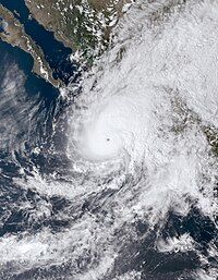 A photograph of Hurricane Lidia approaching the Pacific coast of central Mexico as a major hurricane on October 10, 2024.