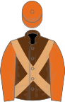 Brown, beige cross belts, orange sleeves and cap