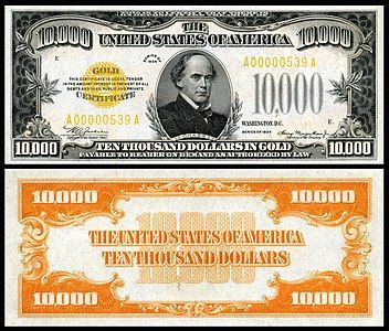 Ten-thousand-dollar gold certificate from the series of 1934, by the Bureau of Engraving and Printing