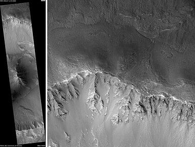 Arandas Crater, as seen by HiRISE. Click on image for a better view of North and South Walls, as well as central hills. Scale bar is 1000 meters long.