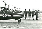 The four pilots and jets of the IAF Aerobatic Team at Hatzerim in 1976 (see double goose symbol)