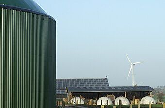 View of a farm in Horstedt, Germany, using biogas, wind power and photovoltaics