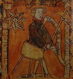 King Magnus Eriksson IV of Sweden, VII of Norway, on the title page of his Swedish national law (Magnus Erikssons landslag), c. 1350.