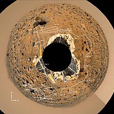 Route of the rover projected on an image taken by the lander.